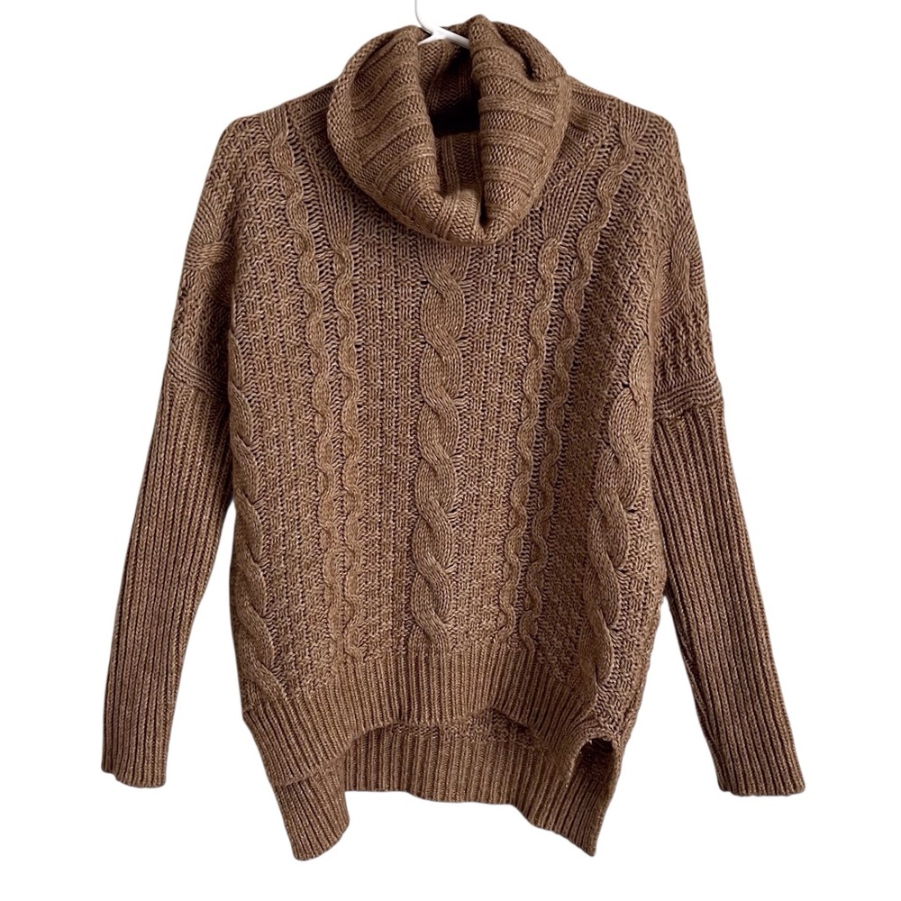 Silvia Novelli Italian Cableknit Sweater Tan Brown Turtleneck Alpaca Wool Small